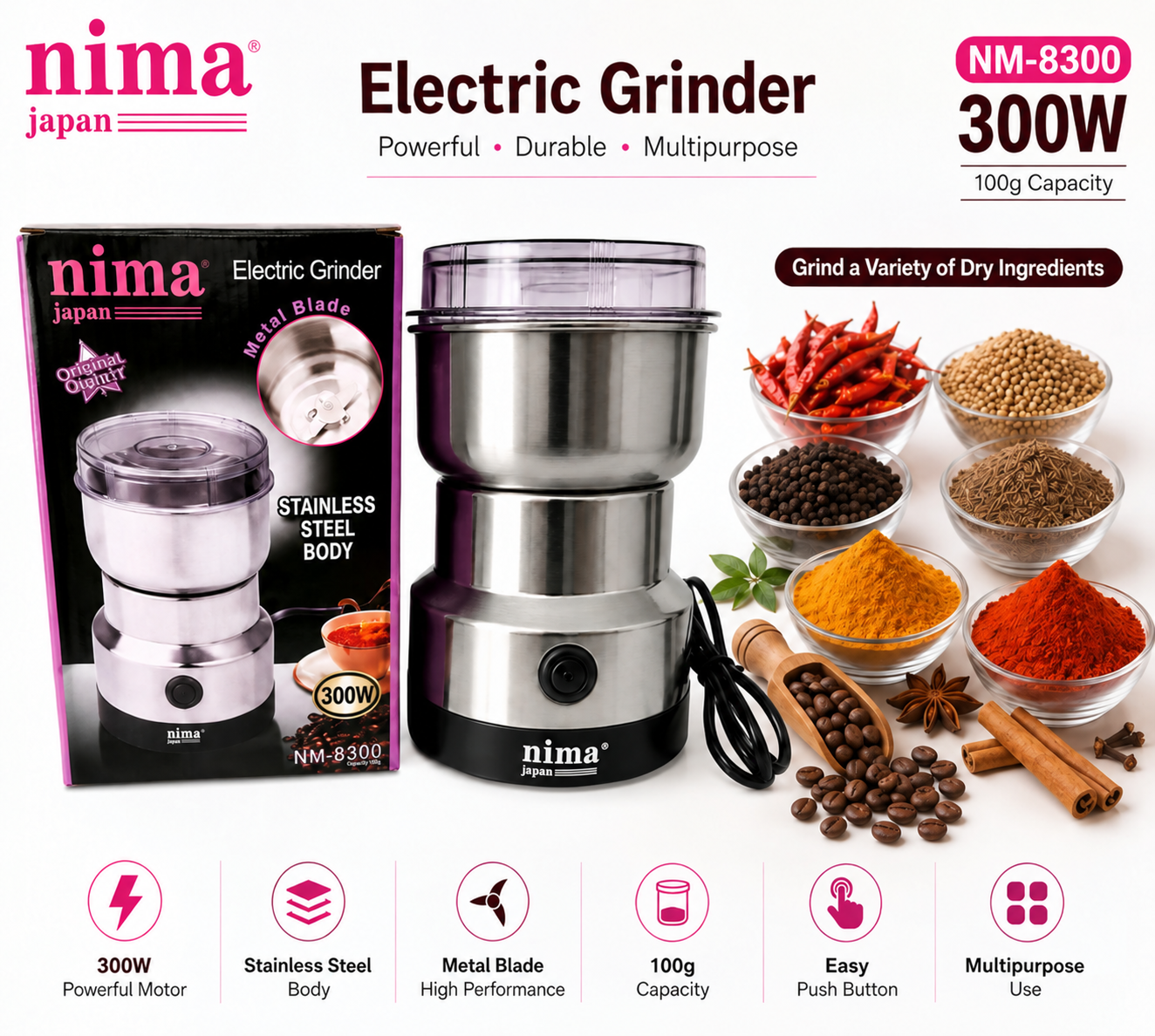 Nima NM-8300 Electric Grinder 300W Stainless Steel Multipurpose Spice Grinder 100g Capacity